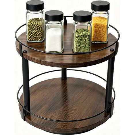 Étagère à épices rotative à deux niveaux en bois, avec 4 pots à épices, plateau tournant rond, pour plan de travail de cuisine, couleur marron vintage, diamètre 26 cm (1/5)