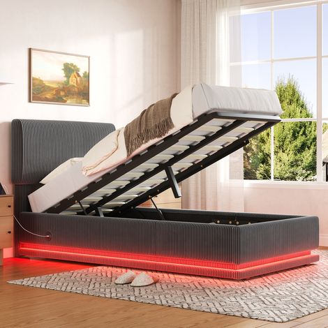 Bettgestell 90x200 cm Dunkelgrau aus Cord mit höhenverstellbarem Kopfteil, LED-Beleuchtung, USB-C und Stauraum (1/5)