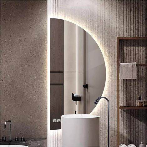 Miroir mural LED semi-circulaire sans cadre avec fonction anti-buée, luminosité variable et affichage de l'heure pour chambre à coucher, salon, entrée (1/5)