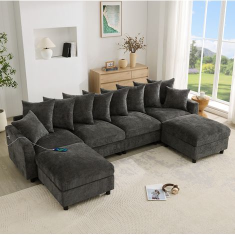 Sofá esquinero modular en U/L para 6-7 personas, 283x153,5x78,5 cm, con 2 otomanas, USB Tipo-C, chenilla - gris (1/5)
