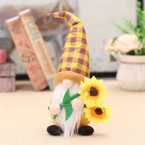 Gnome De Jardin - Motif Tournesol Et Carreaux - Style Rustique Scandinave - Pour Décoration Automnale Noël Thanksgiving - Lot De 1 Ou 2 Pièces (1/5)