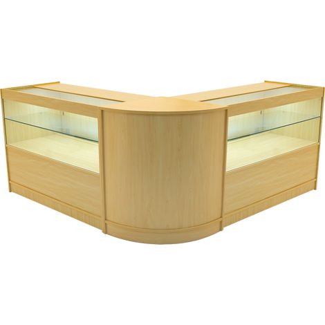 Set Mostradores Comerciales "SELENE"  Arce  2x C1200+1xCM60  MDF y vidrio templado  Estantes y puertas corredizas con cerradura  Fácil Montaje  Mostrador Recepción Expositor Comercial Mesa (1/5)