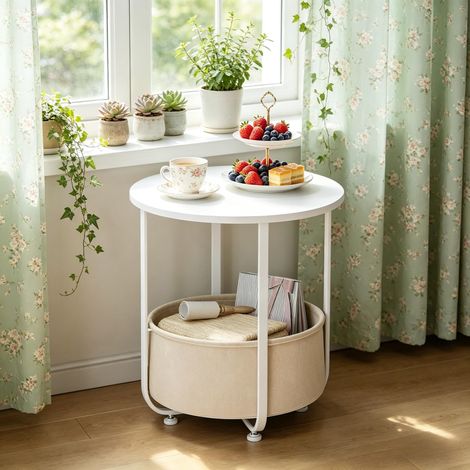 Mesa auxiliar redonda de madera y metal blanca 45 cm con cesta de almacenamiento de tela