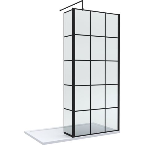 8mm Glass Walk In Wetroom Screen and Hinged Return Screen with Black Framed Design and Shower Tray - 1400 x 900mm (1/2)