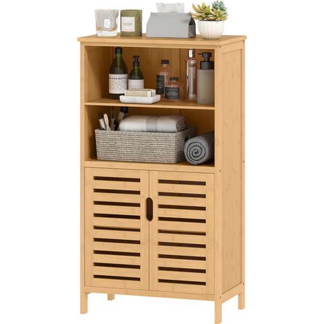 Badezimmerschrank aus natürlichem Bambus, Schrank mit Lamellentür, 2 Einlegeböden, 1 Schrankfach, 50 x 29 x 92 cm