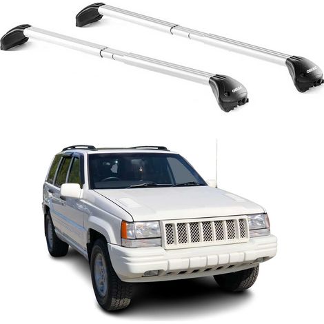 OMAC Barres de toit transversales certifiées TÜV pour Jeep Grand Cherokee 1992-2011 – Verrouillables (4 antivols) – Charge max 100 kg – Sangle inox + protection caoutchouc Argent (1/4)