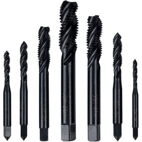 Jeu de 7 Tarauds à Filetage Hélicoïdal HSS Tarauds à Vis Cannelés Spirale Métrique Tarauds Assortiment M3 M4 M5 M6 M8 M10 M12 Outil de Taraudage de Filetage en Acier Rapide Revêtement en Nitru