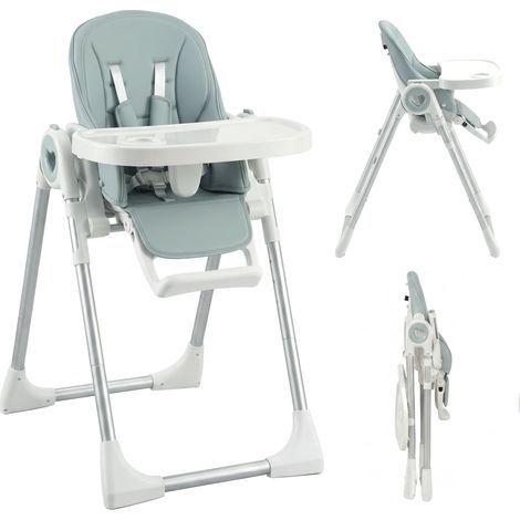 Chaise haute pliante pour bébés de 6 à 36 mois, hauteur réglable, double plateau lavable et roulettes, verte (1/5)