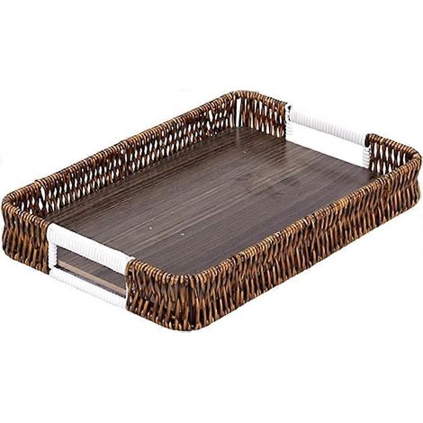 Plateau de service rectangulaire rotin tressé à la main, poignées, base bois, panier rangement osier décoratif 12x8x1 cm (1/5)