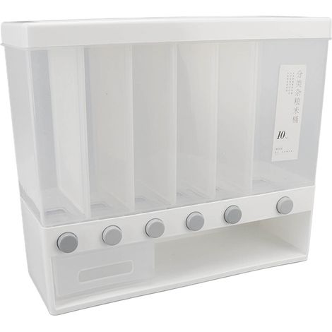 Distributeur de riz mural de 10 L, distributeur de céréales à 6 compartiments, récipient de conservation des aliments secs sous pression et fermeture hermétique pour la cuisine domestique (1/5)