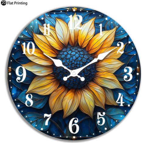 Horloge murale silencieuse en bois (25 cm), horloge analogique à quartz avec motif tournesol et feuilles bleues, idéale pour la chambre et la salle de bain. (1/5)