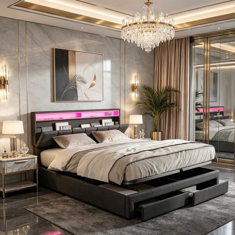 Cama tapizada de 180x200cm – Lino – Cama con almacenamiento hidráulico – Iluminación LED regulable – Estructura de madera con lamas – Estructura de acero resistente