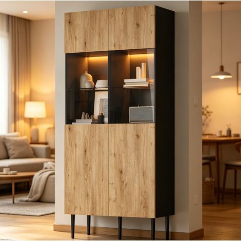 Vitrina con 2 Puertas, 10 Compartimentos, Estante Regulable y LED, para Salón, MDF, Negro y Natural 80×35×180 cm (1/5)