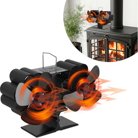 Jiubiaz Ventilador para estufa de leña de doble cabezal, 2 motores y 8 aspas, con termómetro, negro (1/5)