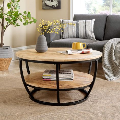 Cage Style Coffee Table Mango Wooden Top Iron Frame Storage Shelf Home Furniture (1/5)