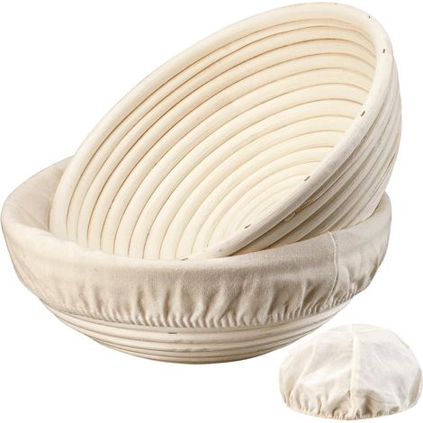 Set di 2 cestini rotondi in rattan per il pane, 23 cm di diametro. Fodera in lino inclusa. Realizzati a mano con materiali naturali. (1/5)