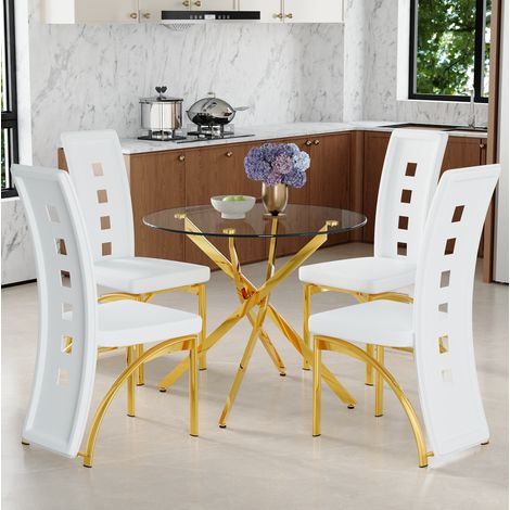 Table à manger ronde 88 cm verre trempé transparent et chaises blanches, gain de place – MEUBLIV (1/5)