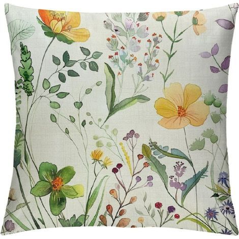 Ensemble de housses de coussins à motifs floraux jaunes – motif papillon et feuille, en lin, convient aux canapés, vérandas et à l'extérieur – compatible avec les coussins de taille standard. (1/5)