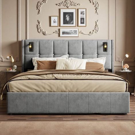 Cama Doble 160x200cm - Cama Cofre Hidráulica - Cabecera de Terciopelo - Almacenamiento Integrado - Gris Moderno
