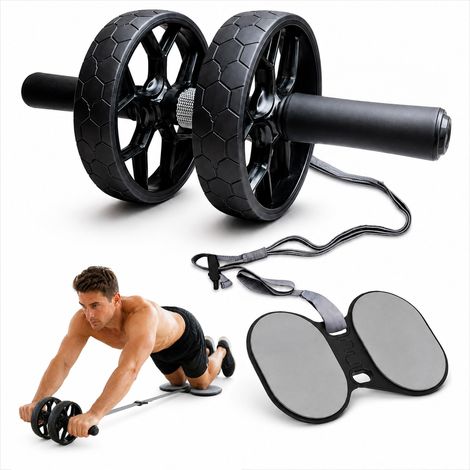 Relaxdays Ab Roller, Support Band, Knee Mat, 2 Wheels, Non-Slip Ab Trainer, Core Training, Grey (1/5)