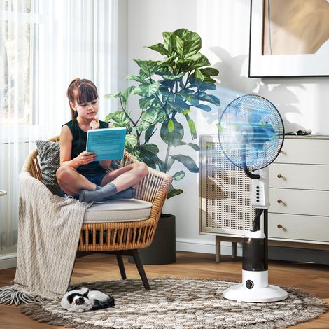 Ventilateur nébuliseur oscillant 90W réservoir 2,8L 3 vitesses 5 pales roues Ø44,5x120cm, blanc