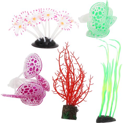Décorations de plantes de corail en Silicone, 5 pièces, ornement artificiel brillant pour Aquarium (1/5)