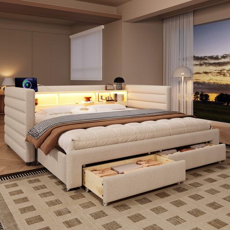 Daybed 90x190 cm en velours avec lit gigogne extensible, LED, ports USB et USB-C, 2 tiroirs de rangement, canapé-lit, sans matelas (1/5)