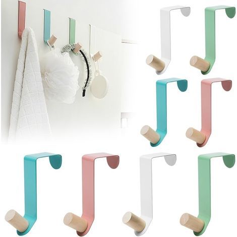 Perchero de puerta de 8 piezas, gancho de hierro para puerta, gancho para abrigos en forma de Z sin necesidad de taladrar, gancho para abrigos para dormitorio, cocina y baño (4 colores) (1/5)