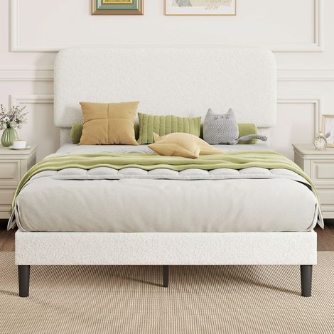 Cadre de lit avec sommier lit double rembourré en velours teddy tête de lit réglable blanc lattes en métal 140x190cm aménagement intérieur