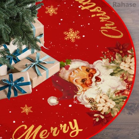 Falda para árbol de Navidad roja y dorada, adornos navideños, tapete para árbol con diseño de Papá Noel y copos de nieve para decoración de interiores, 120 cm (1/4)