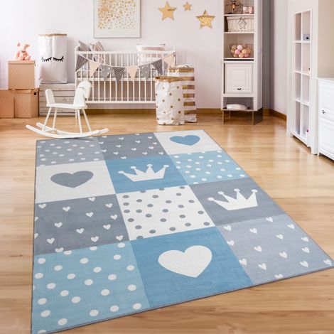 Paco Home Teppich Kinderzimmer Kinderteppich Kurzflor Rutschfest Herzen Sonne Regenbogen Blau, 120 cm Rund