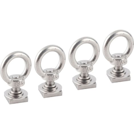 Lot de 4 anneaux d'ancrage M8 robustes en acier inoxydable pour fixation sur rail en T, avec crochets argentés, pour sandows et cordes. (1/5)
