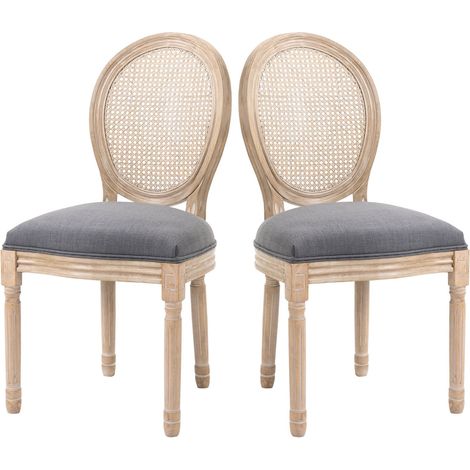 Esszimmerstühle 2Er Set Küchenstuhl Rattan Rückenlehne Leinenoptik Polsterstuhl Grau (1/5)