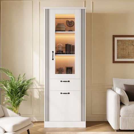 Vitrine avec porte miroir, éclairage LED piloté par application, tiroir et espace de rangement, vitrine avec compartiments, structure en panneaux de particules, poignées en aluminium,Blanc (1/5)