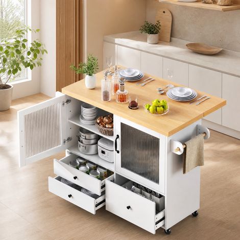 Isla de cocina 100 cm con tablero extensible, blanco/natural, con almacenamiento y ruedas (1/5)