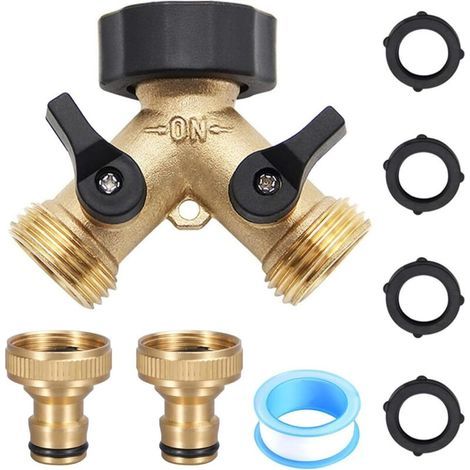 Raccordo a Y a 2 vie da 3/4" con valvola a sfera di intercettazione – Include 2 adattatori per tubo flessibile, 4 guarnizioni in gomma e nastro sigillante in PTFE, ideale per casa e giardino. (1/5)