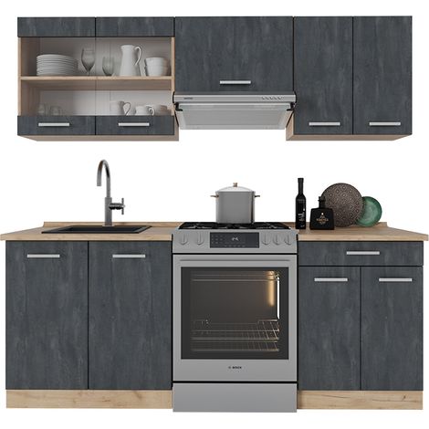 Cucina componibile R-Line, Calce nera/Rovere dorato, 200 cm senza piano di lavoro, Vicco (1/5)