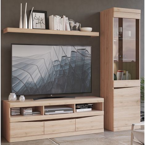 TV Wohnwand mit Lowboard, Wandboard, Vitrine, Beleuchtung SANFORD-129 in Eiche hell Nb., B/H/T: ca. 220/196,5/40 cm (1/5)
