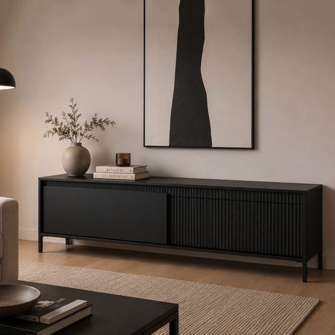 Tv-Lowboard Kameza, ein Regal, 2 Türen, Türen mit Rillen-Effekt, 154x40x53h cm Schwarz (1/5)