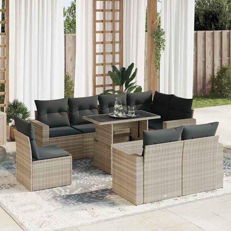 Set muebles jardín 9 pzas y cojines ratán sintético gris claro vidaXL (1/5)