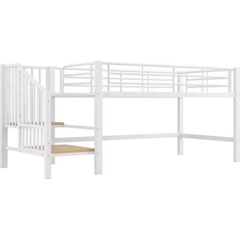 Cama alta semialta 90 x 200 cm blanca de metal con escalera de almacenamiento (1/5)