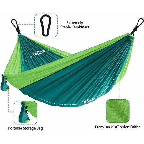 Hamac de voyage ultra léger - Double et unique - Charge maximale : 250 kg (260 x 140 cm) - Hamac pour l'extérieur, l'intérieur, le jardin, la terrasse, la survie, le camping - Vert (1/4)