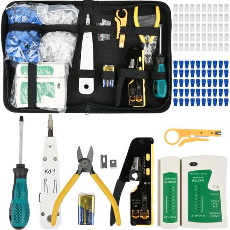 RJ45 Crimping Pliers, RJ45 Crimping Kit for Cat5 Cat6 Cat7, Crimping Pliers Network Connector, Network Cable Tester, Wire Stripper, RJ45/RJ11/RJ12 Network Repair Kit (1/5)