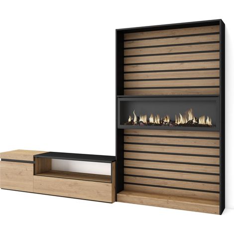 Skraut Home - Muebles de Salón para TV, Conjunto de muebles comedor, 260x186x35cm, Para TV hasta 65", Chimenea eléctrica, Estilo Moderno, Roble y negro (1/5)