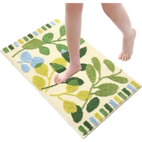 Tapis de bain à motif feuilles - Antidérapant et absorbant - Paillasson pour salle de bain ou chambre - Tapis doux en microfibre - Vert foncé - 1 pièce (1/5)