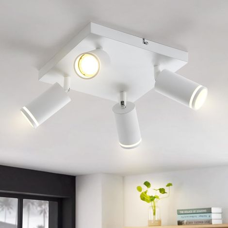 GBLY Deckenlampe LED Deckenstrahler: Weiß Deckenleuchte GU10 Spots Wohnzimmerlampe 4 Flammig Küchenlampe Eckig Flurlampe Schwenkbar Innen Metall Deckenspots Schlafzimmerlampe, Ohne Leuchtmittel