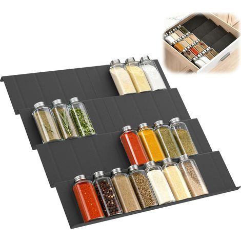 Pack de 8 Rrangement Epices Cuisine Tiroir, Porte Epice Extensible Réglable de 23 cm à 46 cm, Range Epices Cuisine pour plan de travail, placard, étagère (1/4)
