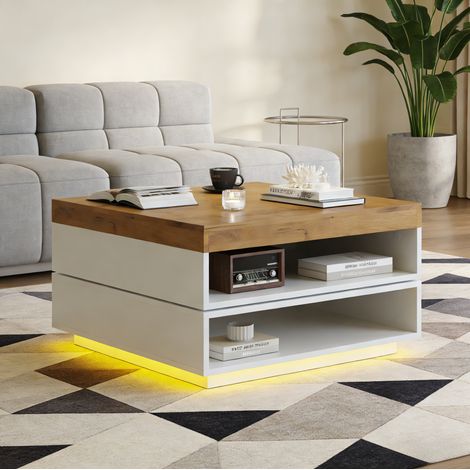 Table basse carrée 65x65 rotative LED MDF blanc chêne OKMYHOME (1/5)