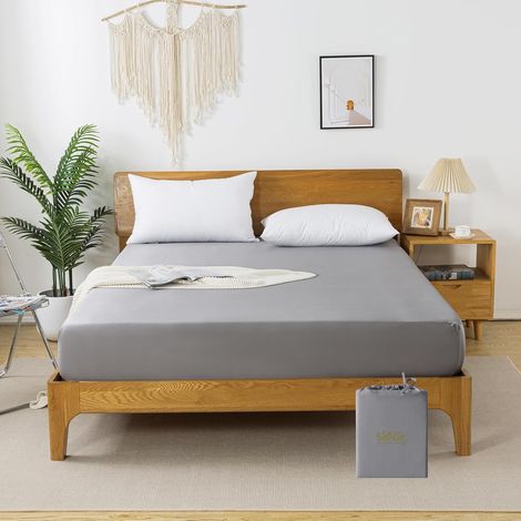 Drap Housse 160x200, en Bambou-Soie Végétale, Gris, 35CM Grand Bonnet pour Matelas Epais, pour 2 Personnes, Doux, Soyeux et Rafraîchissant (1/5)