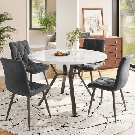 Ensemble de salle à manger 5 pièces MDF effet marbre blanc et acier noir, table ronde Ø100x75 cm avec 4 chaises grises (1/5)